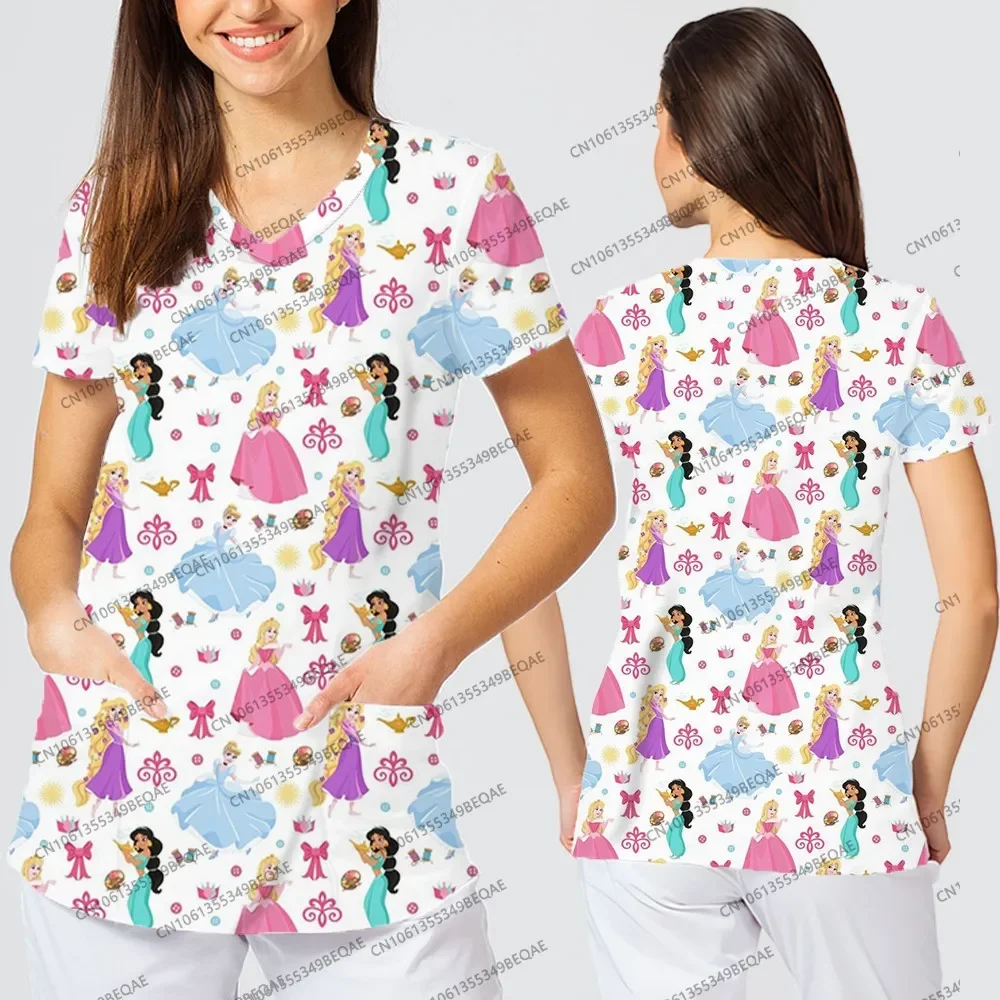 

Женская одежда с принтом персонажей мультфильмов Диснея, летние футболки с v-образным вырезом и карманами для женщин, повседневные женские топы с короткими рукавами