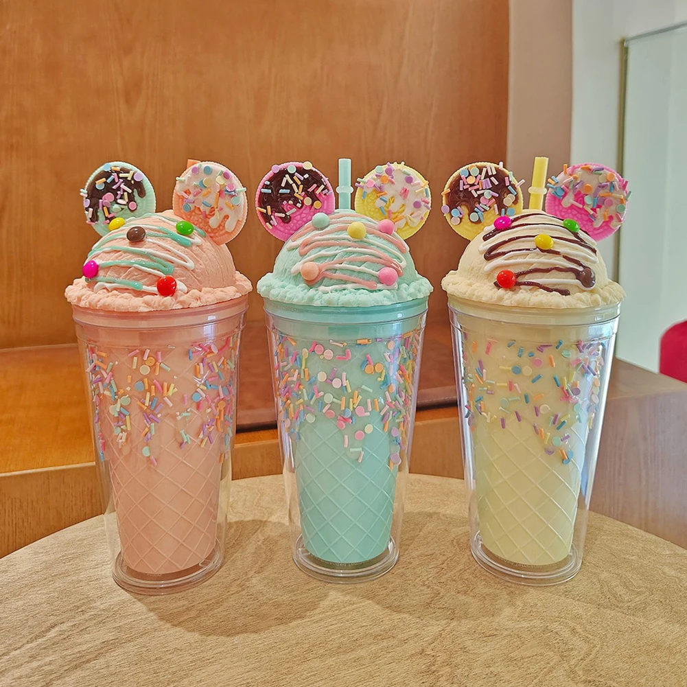 Double Wall Plastic Tumblers With Straw Double-layered Marble-like Bead Milk Tea Cup For Kids Adults