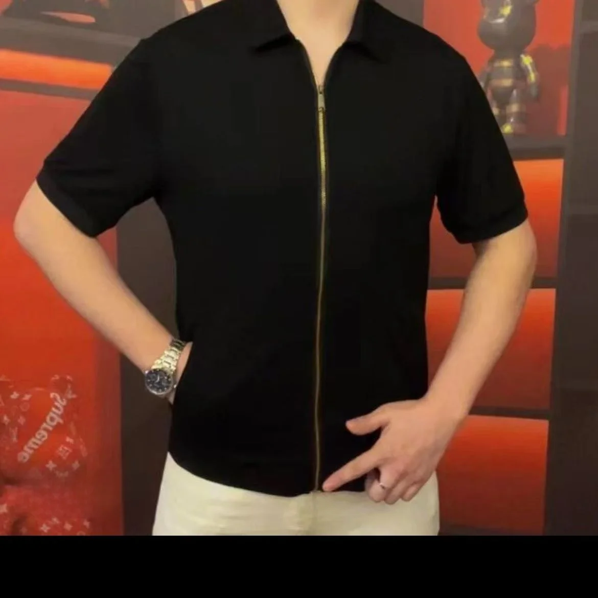 

Summer New Style Men's Zipper Shirt Pure Color Short Sleeve Turn-down Collar Slim Fit Fashionable European High-end Casual Wear