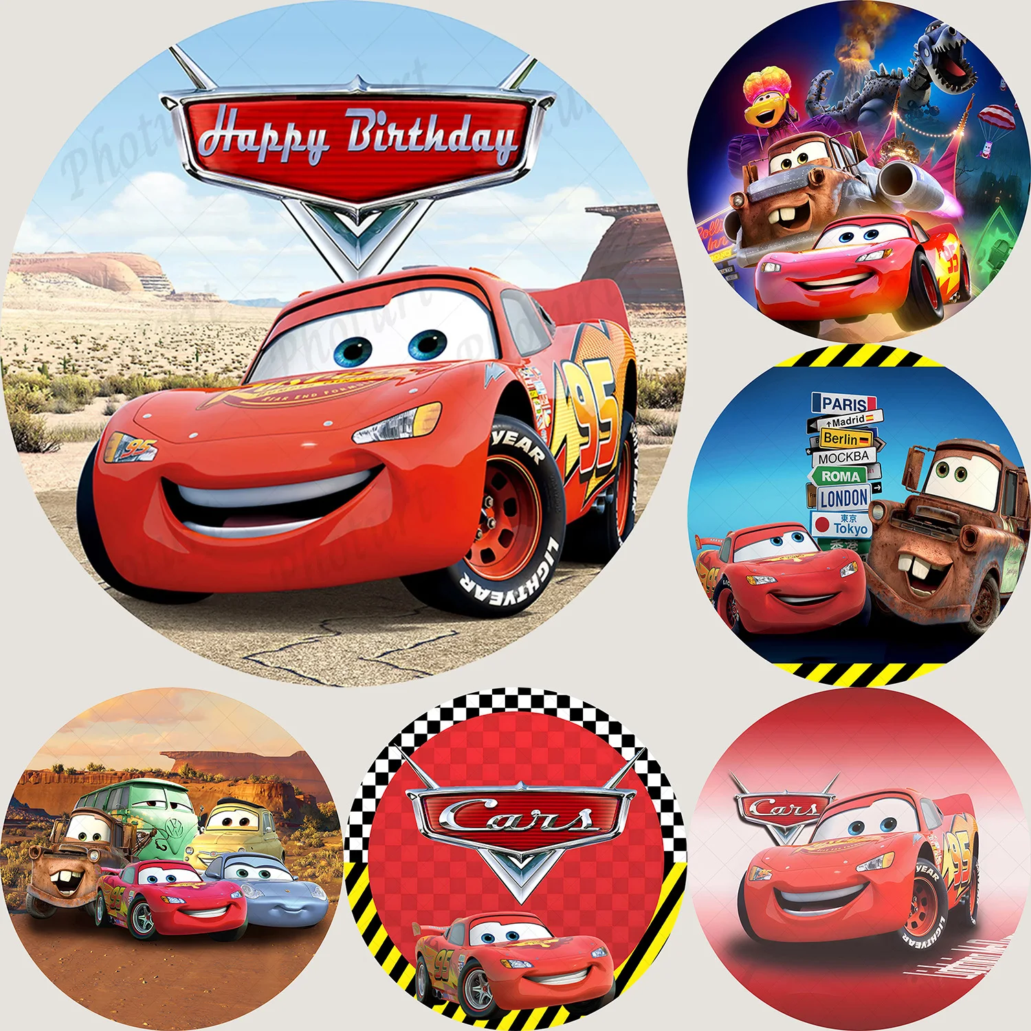 Round Disney Cars Mcqueen Backdrop Birthday Party Background Circle Red Lightning Racing Car Vinyl Photography Decor Props