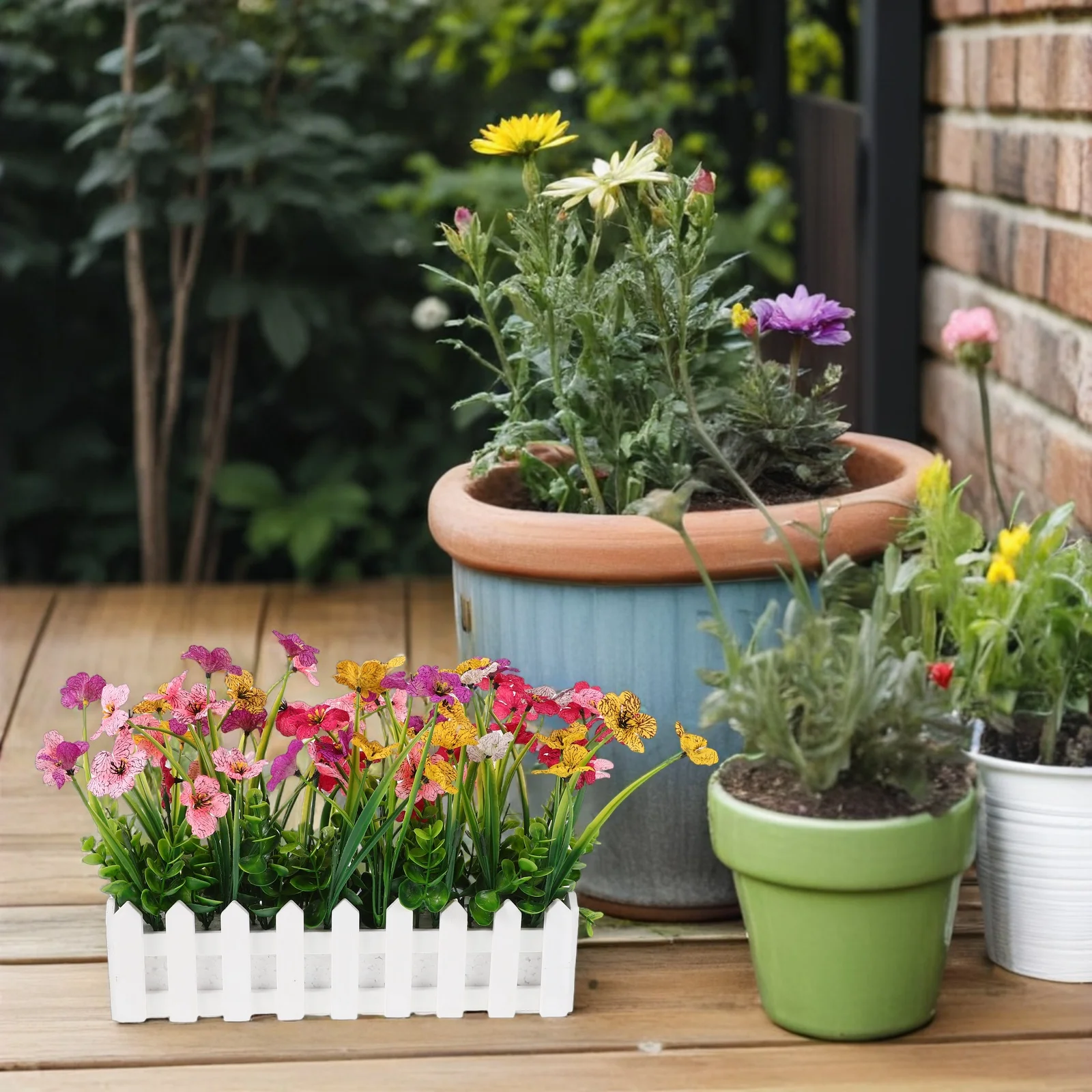 

Artificial Flowers Decoration Faux Violet Potted Plants Home Garden Indoor Outdoor Wooden Fence Design Realistic Low
