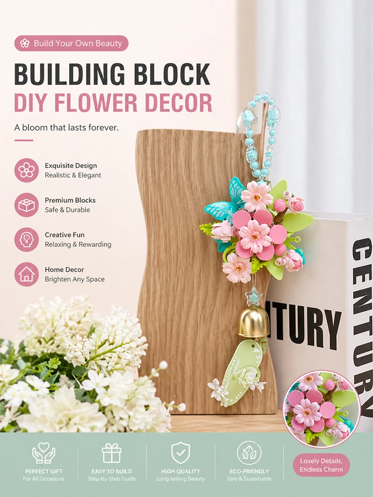 Peach Blossom Building Block Wish Bell Ornament, DIY Flower Assembly Kit with Hanging Chain, Creative Wind Chime Home Decor