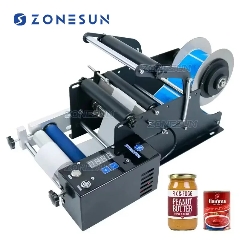 ZONESUN Small Desktop Semi Automatic Spirits Wine Tin Cans Jar Round Bottles Sticker Labeling Applicator Machine