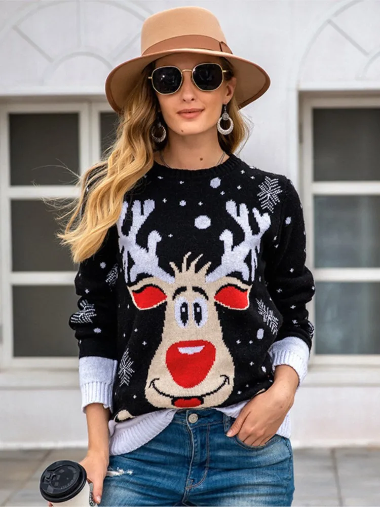 

Christmas Deer Pattern Color Matching Pullovers For Woman Fashion O-neck Knitting Tops Autumn Winter Lady Festival Warm Sweaters
