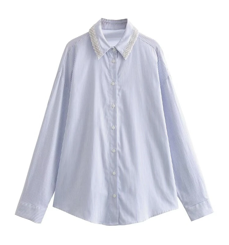 

Slimming Versatile Beaded Striped irt Women's Faion Autumn New Sle Collar Long Sve Loose Fit Commute Sle