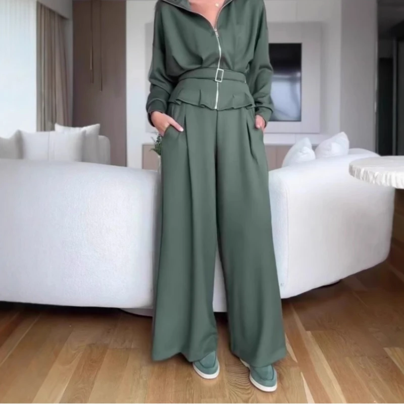 

Новый весенний костюм 2026: топ с отложным воротником и длинными рукавами, брюки с завышенной талией в европейском и американском стиле, для женщин