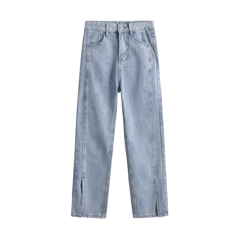 ارتفاع الخصر شق الجينز الأزرق المرأة فضفاضة واسعة الساق مستقيم أنبوب السراويل تأثير التخسيس الخريف Faion عادية عالية الخصر الجينز #5