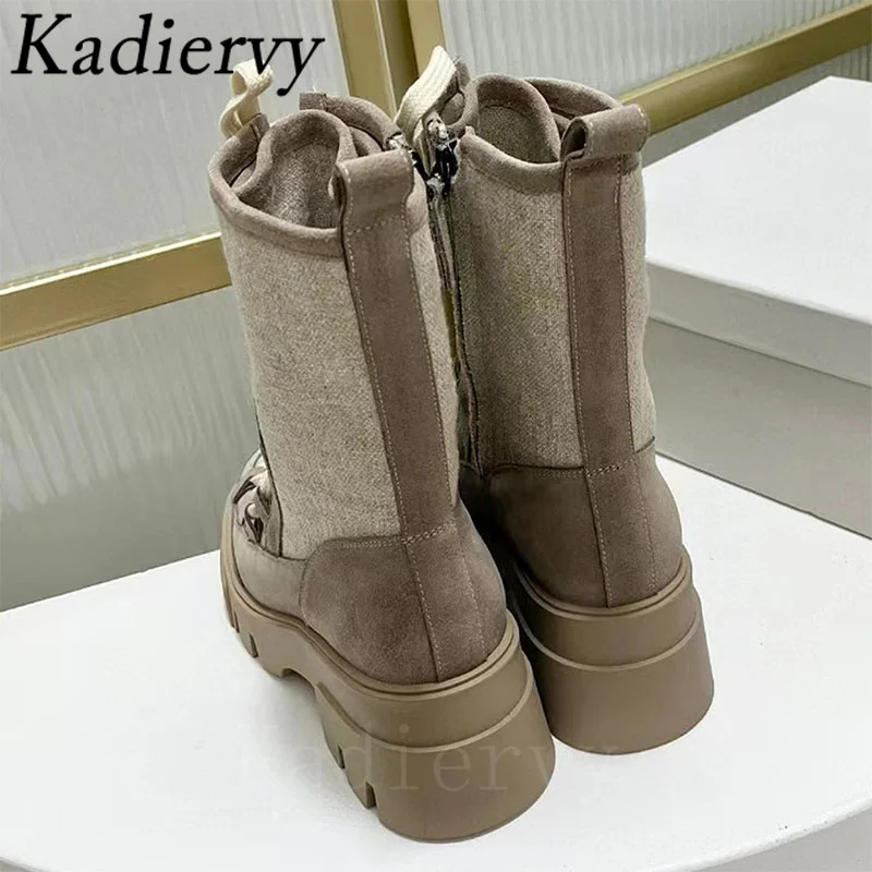 Thick Sole Motorcycle Boots Women Round Toe Lace Up String Bead Flat Shoes Women Cow Suede Patchwork Short Boots Woman