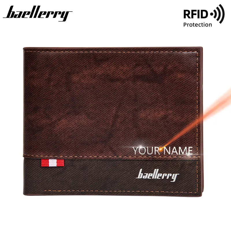 

Мужской RFID-бумажник с гравировкой имени, Короткий держатель для карт, брендовые классические кошельки на молнии с кармашком для мелочи для мальчиков