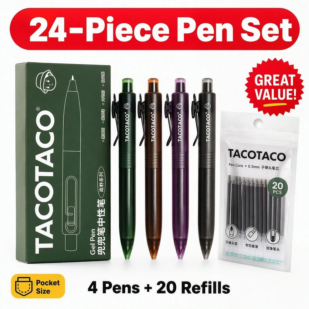 24-teiliges Taschen-Gelstift-Set im Waldstil, 0,5 mm, schnelltrocknende schwarze Stifte mit 20 Ersatzminen für Studium, Büro, Geschenk