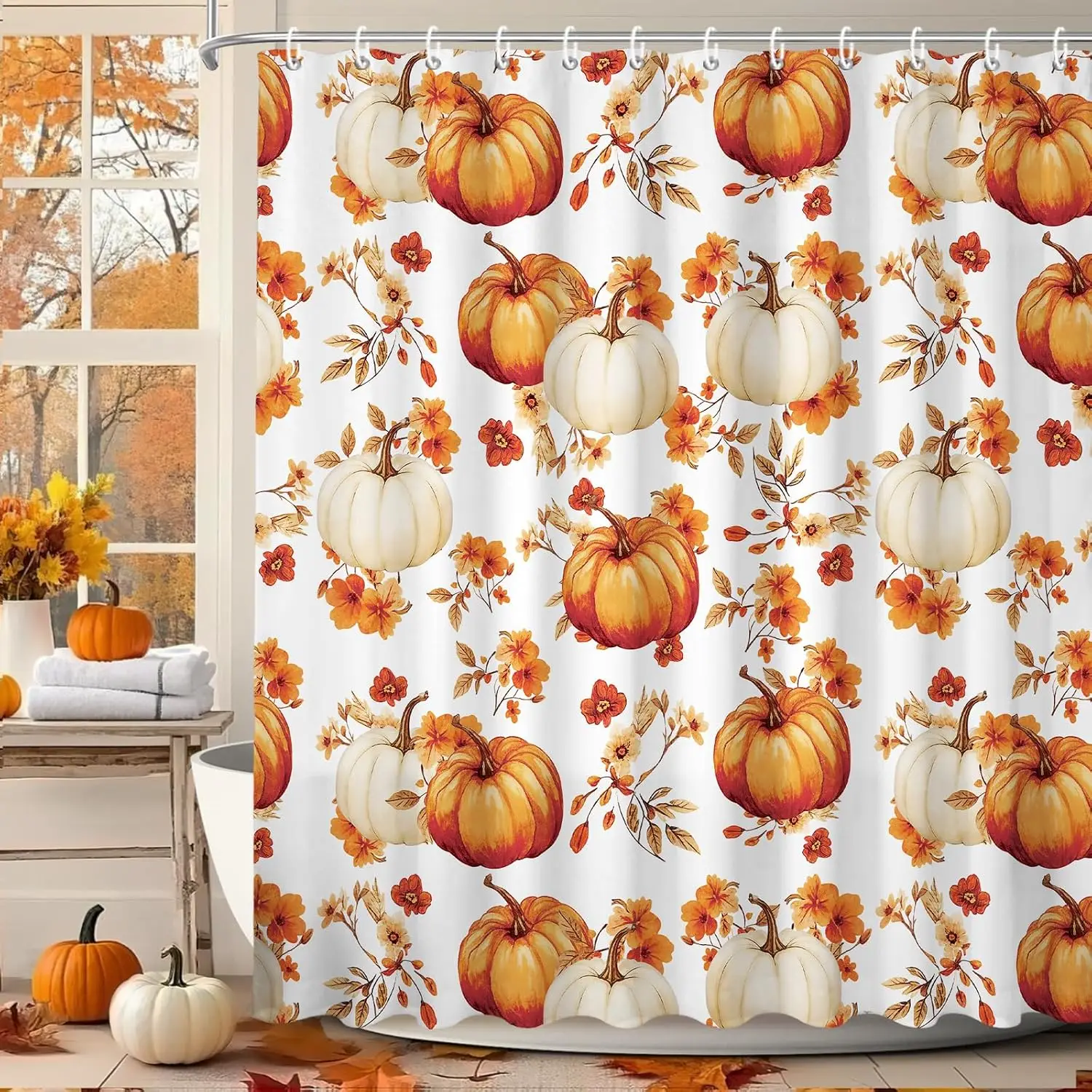 Fall Pumpkin Floral Shower Curtain Farmhouse Harvest Bath Curtain