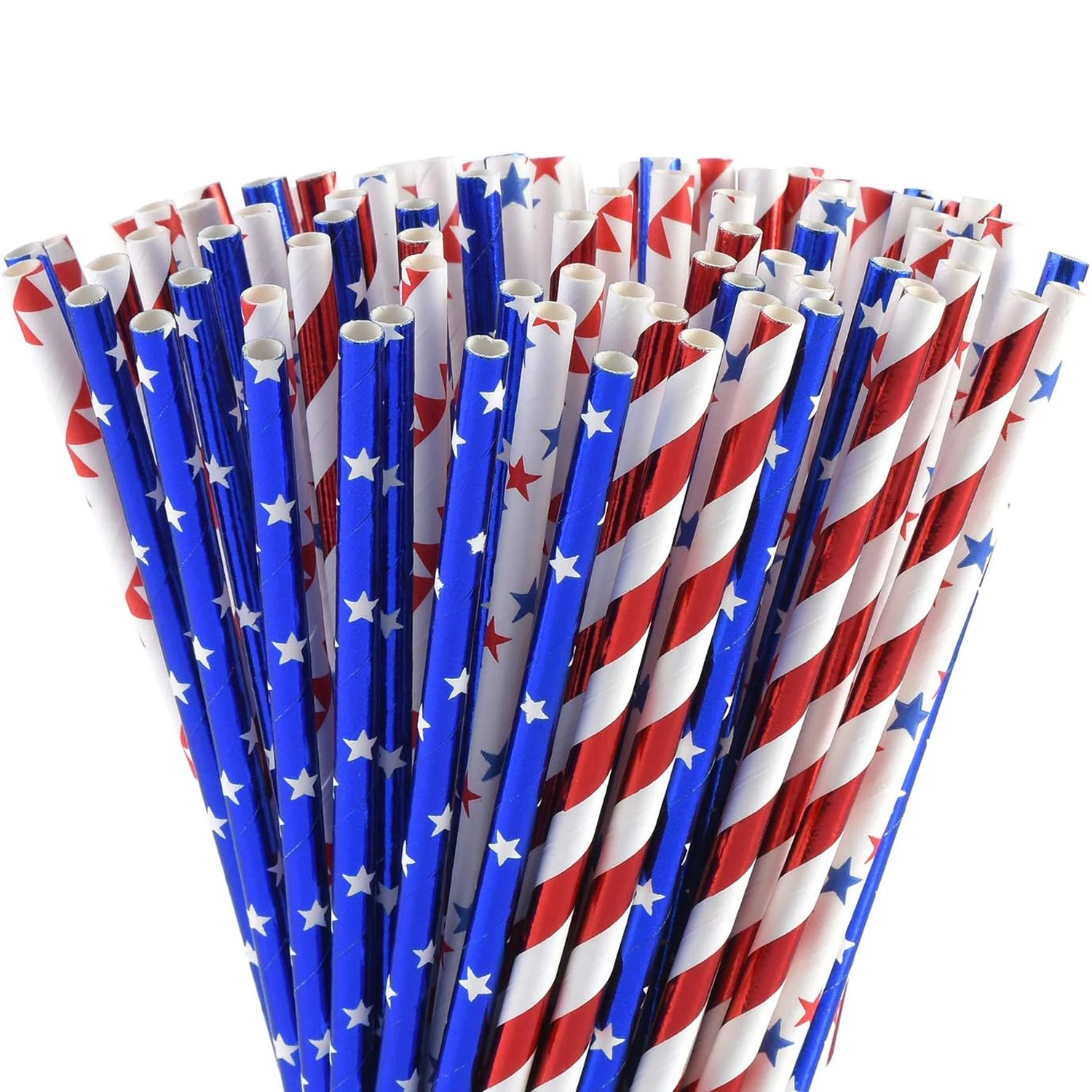 American Flag Red Blue White Paper Straws, 100 Straws for Memorial Day /4th of July, Patriotic Party, Americana Themed Party