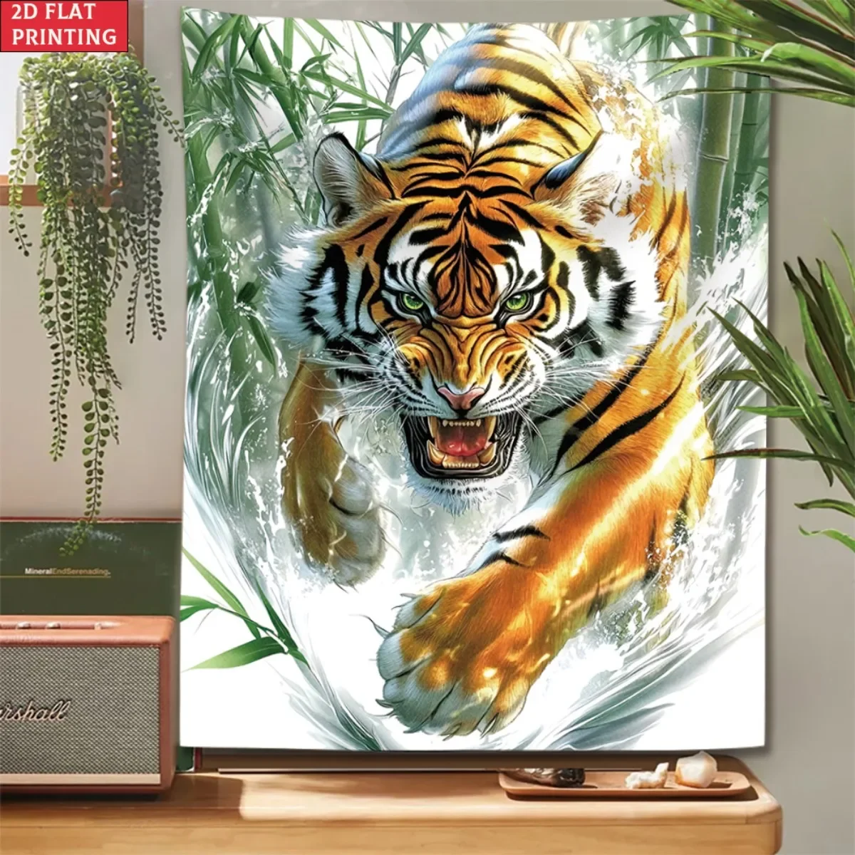 Fierce Tiger Breaking Through Water Tapestry, Majestic Big Cat Bamboo Forest Wall Hanging, Bold Room Decor suitable offices bars