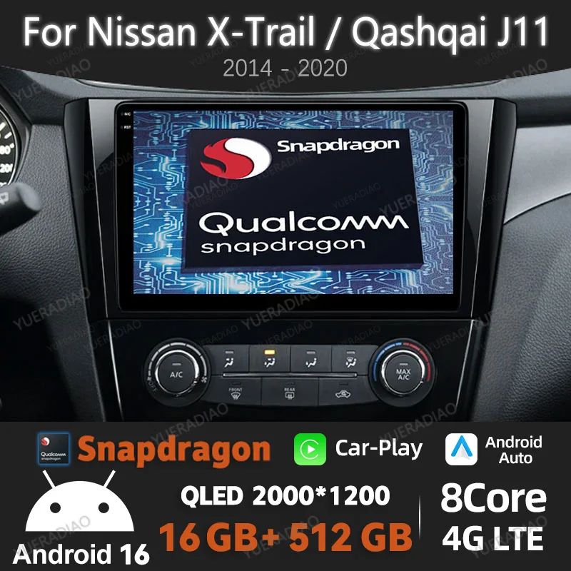 Autoradio Android 16 pour Nissan X-Trail 3 T32 Qashqai J11 2 2014 - 2020 Lecteur multimédia Qualcomm Viedo 4G WIFI QLED