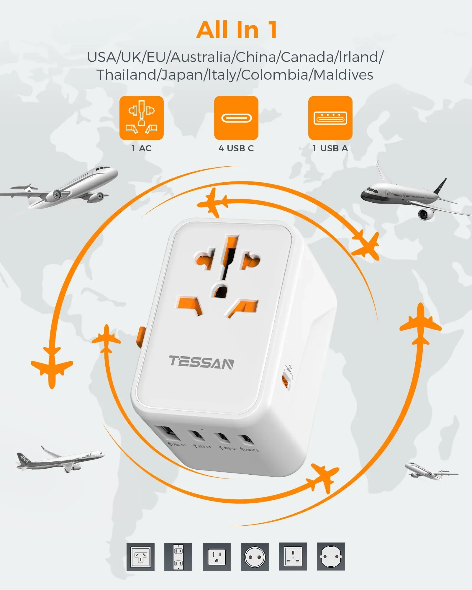 TESSAN Travel Adapter Universal Socket with USB &Type C Fast Charging Power Adapter EU/UK/USA/AUS Plug for Travel