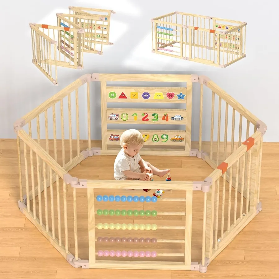 Foldable Wooden Baby Playpen with Gate, Wood Play Yard with Educational Abacus, Alphabet Board & Child Proof Lock, 57×30×23 inch
