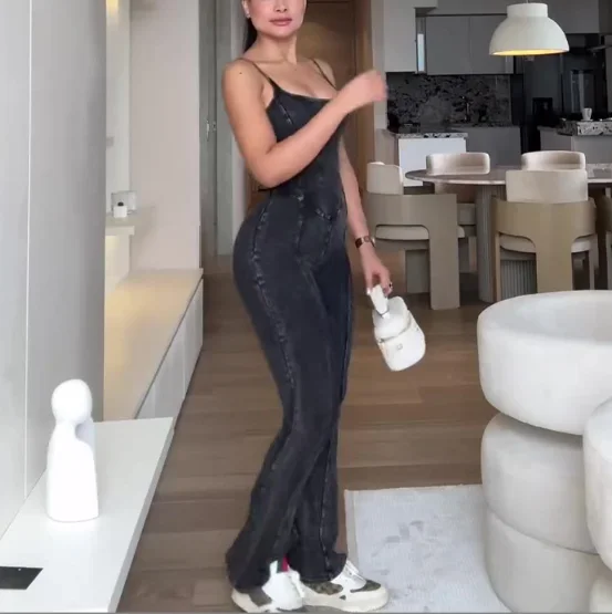 

CPSYMYM Jumpsuit Women Spring Solid Color Square Neck Slim Fit Sleeveless High Waist Casual Skinny Camisole Denim Jumpsuit