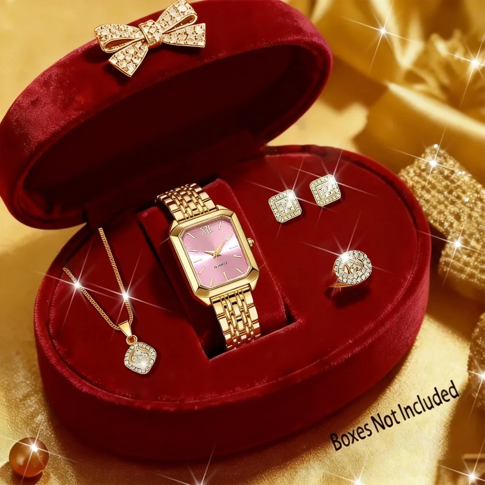5-Piece Golden Elegance Women's Watch Set, Quartz Watch + Luxury Rhinestone Jewelry Set | Women's Watch | Jewelry Set