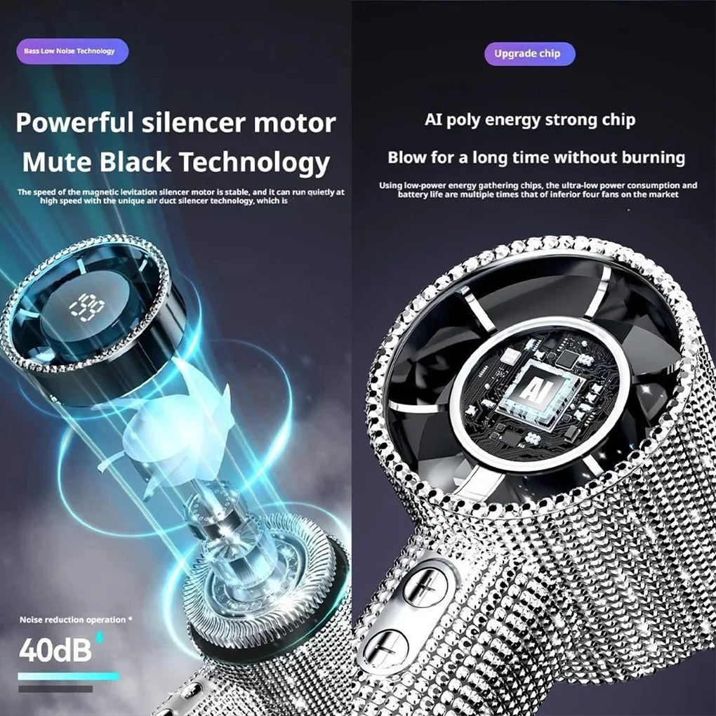 

Портативный ручной турбовентилятор с полным бриллиантом, роскошное мастерство, 3-ступенчатый ветер, длительный срок службы батареи со светодиодным цифровым дисплеем