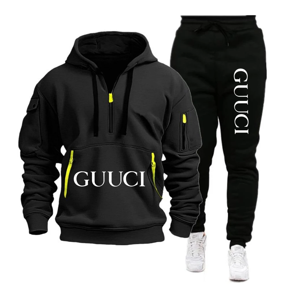 Men's Leisure Sports Pullover Multi Zipper Arm Pocket Hoodie Set Autumn/Winter Fashion Hoodie Hoodie Men's Loose Coat Pants Suit