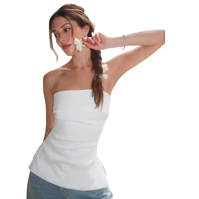 Women Turn Down Collar Side Ruched Slit Skinny Tops Solid Color Strapless Tops Chic Elegant Summer Sleeeveless Backless T Shirt