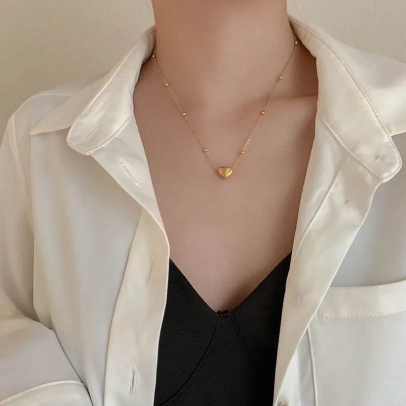 316L Stainless Steel New Fashion Upscale Jewelry Lovers Love Heart Shape Charms Beaded Chain Choker Necklace & Pendant For Women