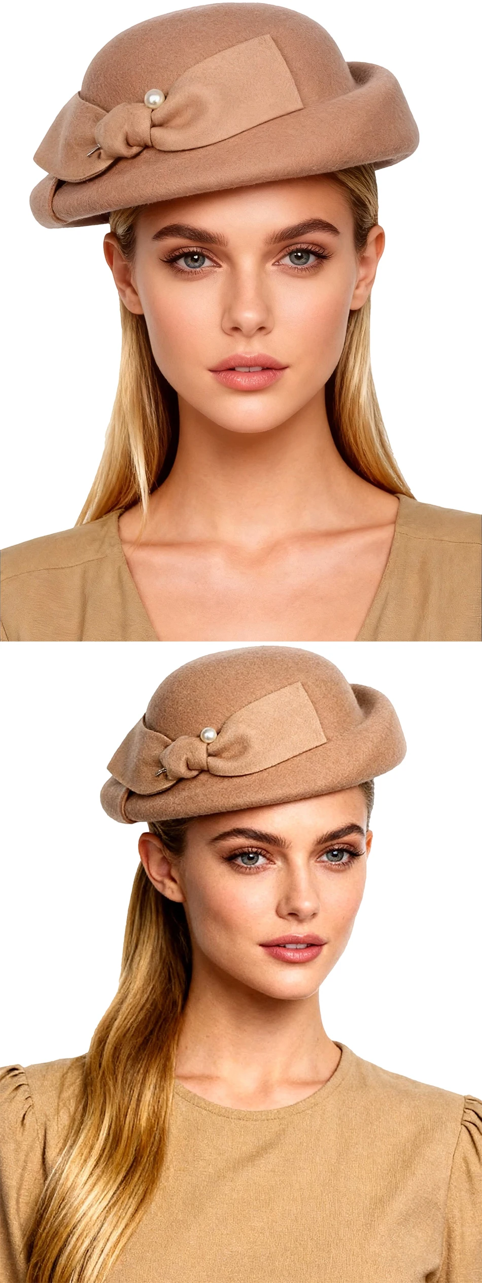 FS Luxuriöser Wollhut für Damen, eleganter blauer Teeparty-Fascinator mit Schleife, Winter-Vintage-Fedora, Chapeau Femme – Detail 3
