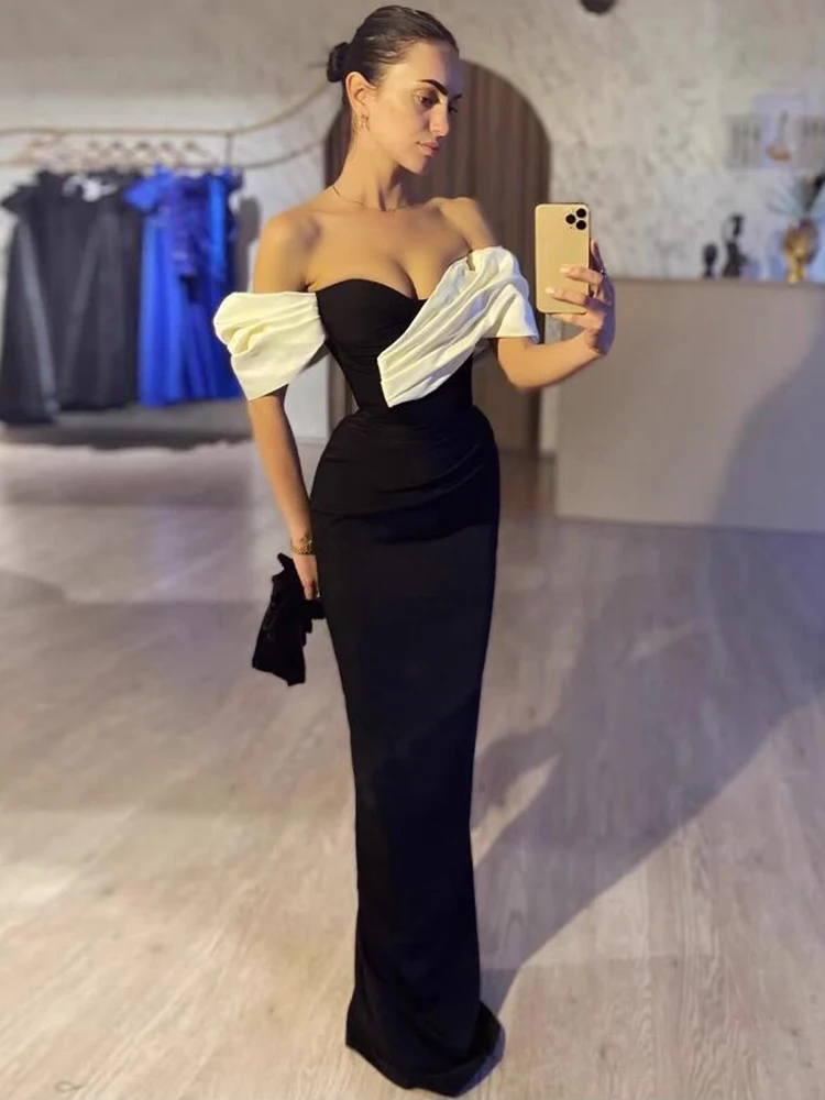 

Sexy Off The Shoulder Folds Patchwork Bandage Dress Women Black Strapless Pleats Bodycon Long Dresses Evening Party Gowns