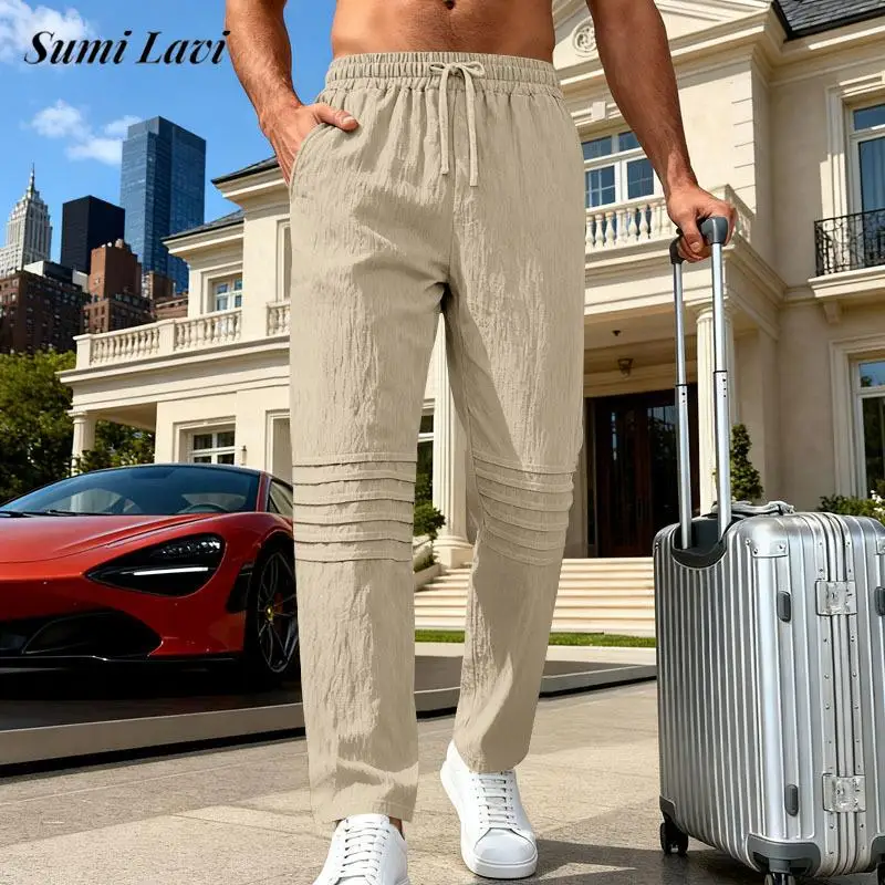 Frühling Herbst Neue Casual Leinen Hosen Herren Vintage Plissee Kordelzug Lose Gerade Hosen Männer Mode Einfarbig Böden