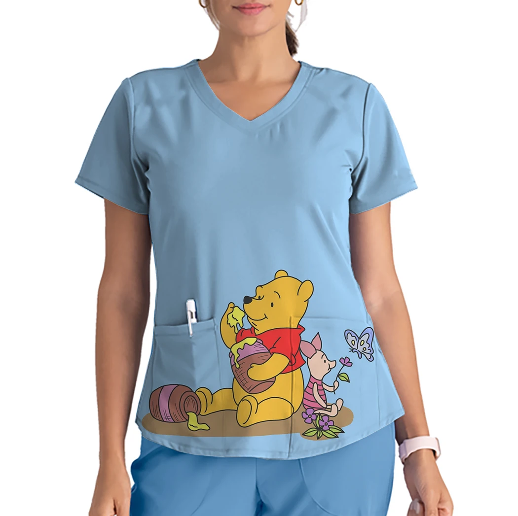 Mulheres disney pooh estampa de enfermagem tops, uniforme elástico de trabalho, manga curta, decote V, hospital, enfermagem, hospital