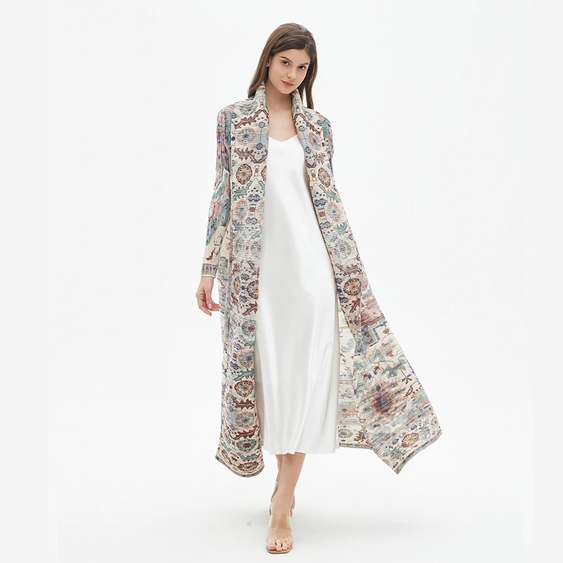 

Casual Long Printed Cape Miyake Original Pleated Style Trench Coat 2024 Spring and Summer New Lengthened Coat Women Clothing