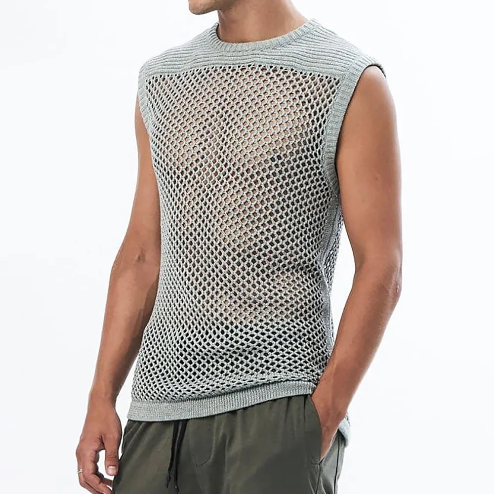 Mens Mesh Stitching Perspective Hollow Knitted Vest Casual Streetwear Personality Breathable Fitness Sports Tank Top 2024 Summer