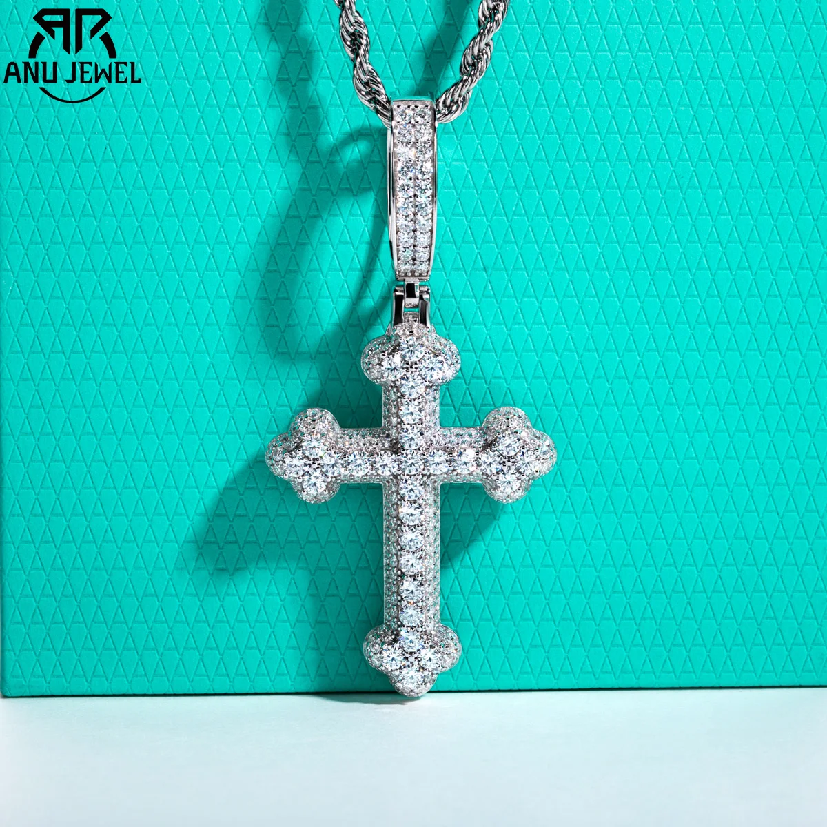 AnuJewel D Color Moissanite Cross Pendant Layered Hip Hop Necklace 925 Sterling Silver New Age Heavy Metal Dope Jewelry for Men