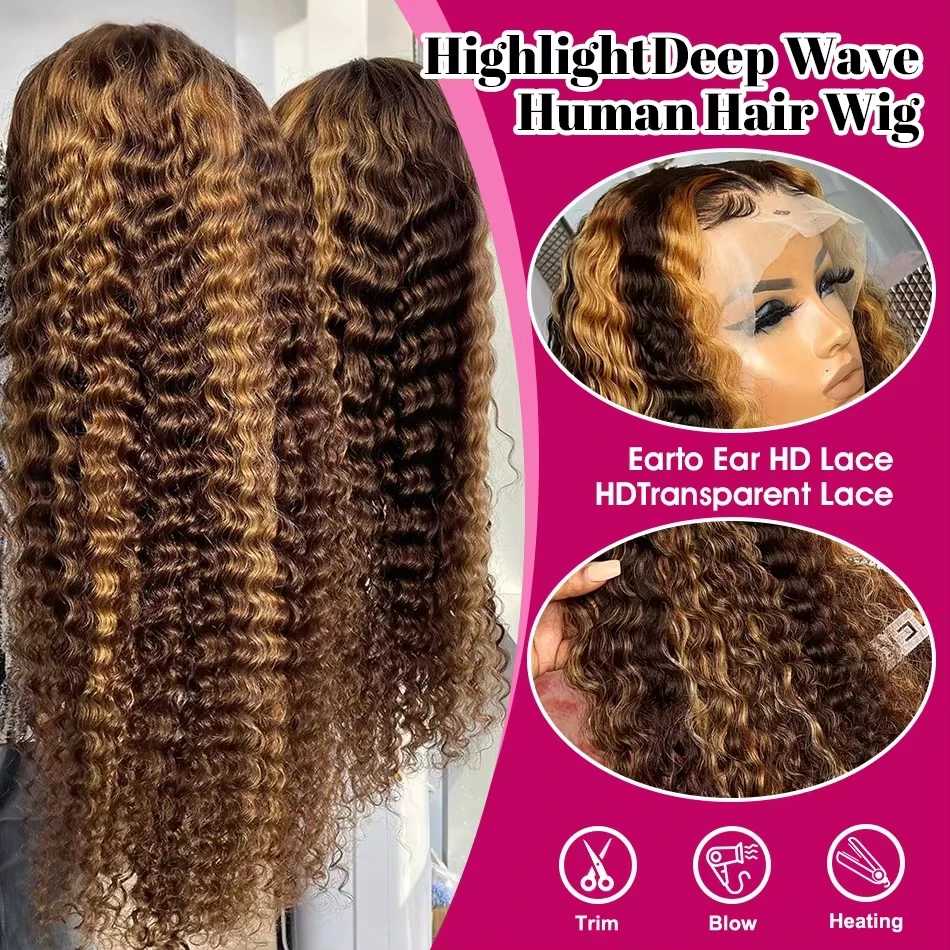 تسليط الضوء على 4/27 شعر مستعار موجة عميقة 13x6 البرازيلي 200 الكثافة الدانتيل أمامي شعر مستعار مجعد 40 بوصة الدانتيل الجبهة خصلات الشعر المستعار الإنسان PrePlucke