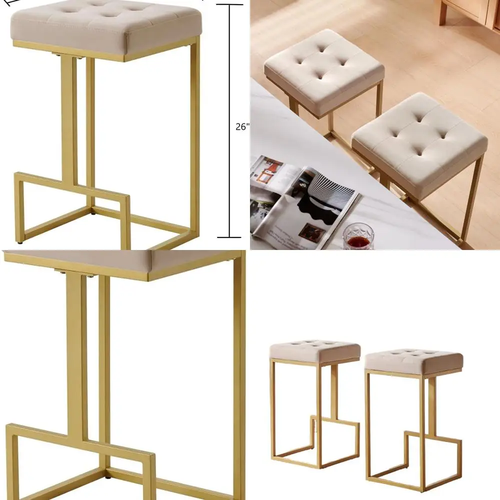 Paar 26 hohe, mit Samt gepolsterte goldene Barhocker für die Kücheninsel, Taupe, Modell 5067