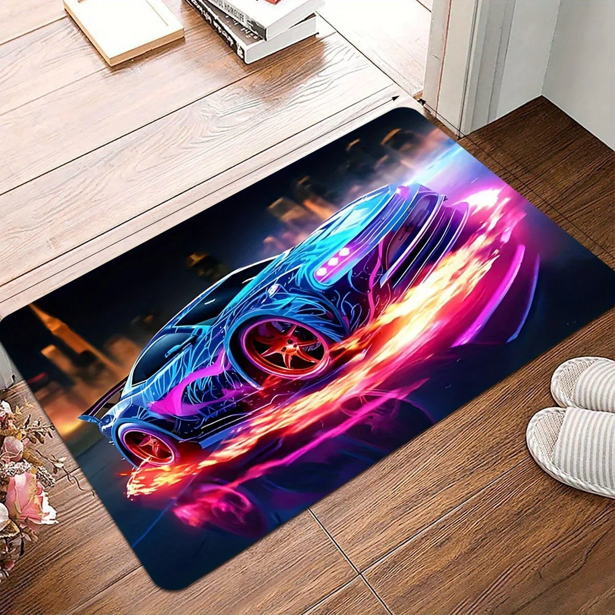 Neon Sports Car Doormat, Cool Racing Vehicle Floor Rug, Non-Slip Welcome Mat for Entryway Garage Gamer Room Decor Gift