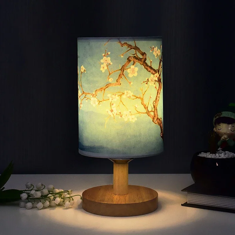 LED Square Decoration Plum BlossomTable Lamps Dimmable EU Plug Night Light Chinese Style Fabric Simple  Bedroom Bedside Lights