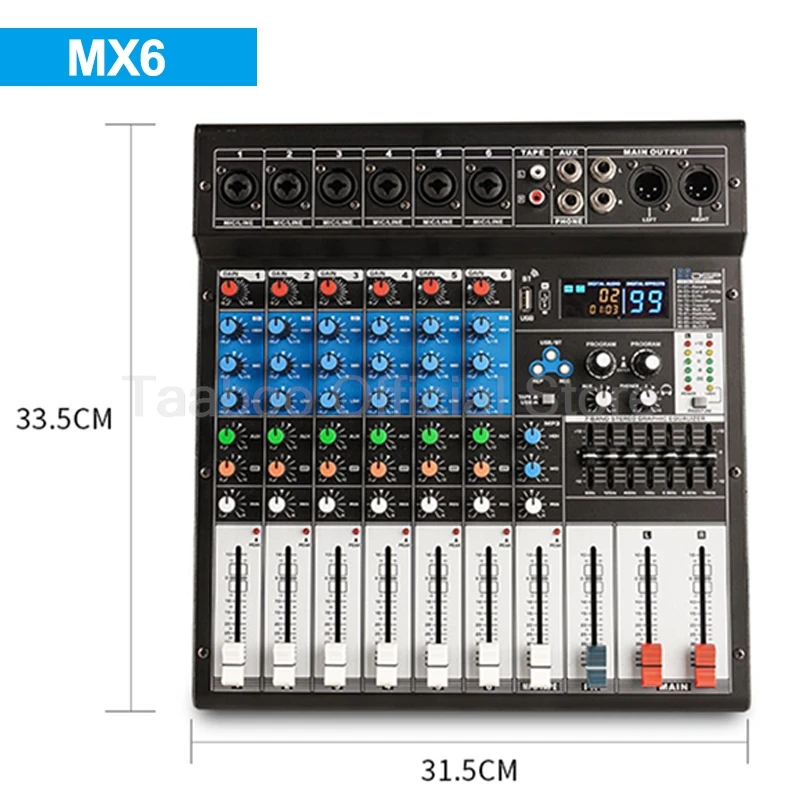 Mixer de som e áudio com amplificador de potência, usb integrado, equalizador de som profissional, console de mixagem, equipamento de dj, 4/6/8 canais