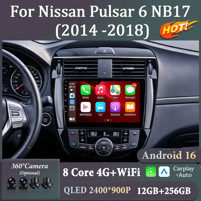 For Nissan Pulsar 6 NB17 2014‑2018 9 Inch Intelligent Android Car Multimedia Player GPS Navi Wireless CarPlay Android Auto WiFi