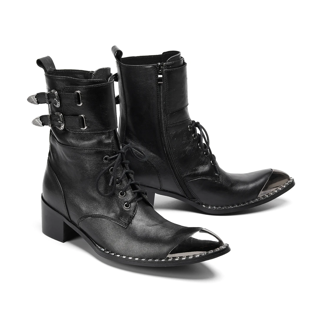 Schwarze Gürtelschnalle Weiches Leder Knöchel Herren Stiefel Westernstiefel Herren Spitzschuh Cowboy Schuhe Party Bota Masculina Herren, Große Größen – Detail 16