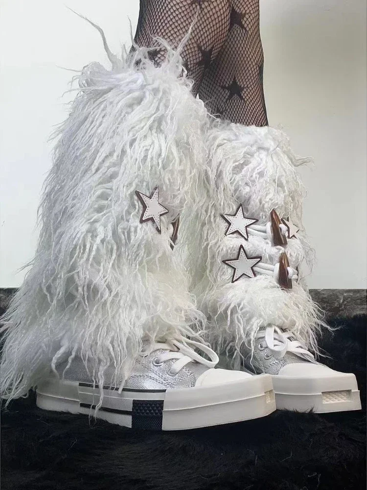 

Корейские модные женские пушистые гетры в стиле Харадзюку, винтажные теплые плюшевые носки Jk для девочек с милыми звездами Y2k, эстетичная уличная одежда