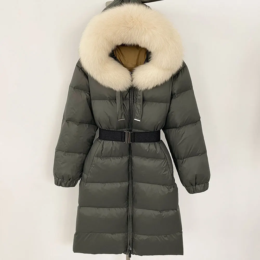 New Winter 2024 90 White Duck Down Coat Real Fur Coat Women Warm Hooded Natural Fox Fur Puffer Jacket Cold Lady