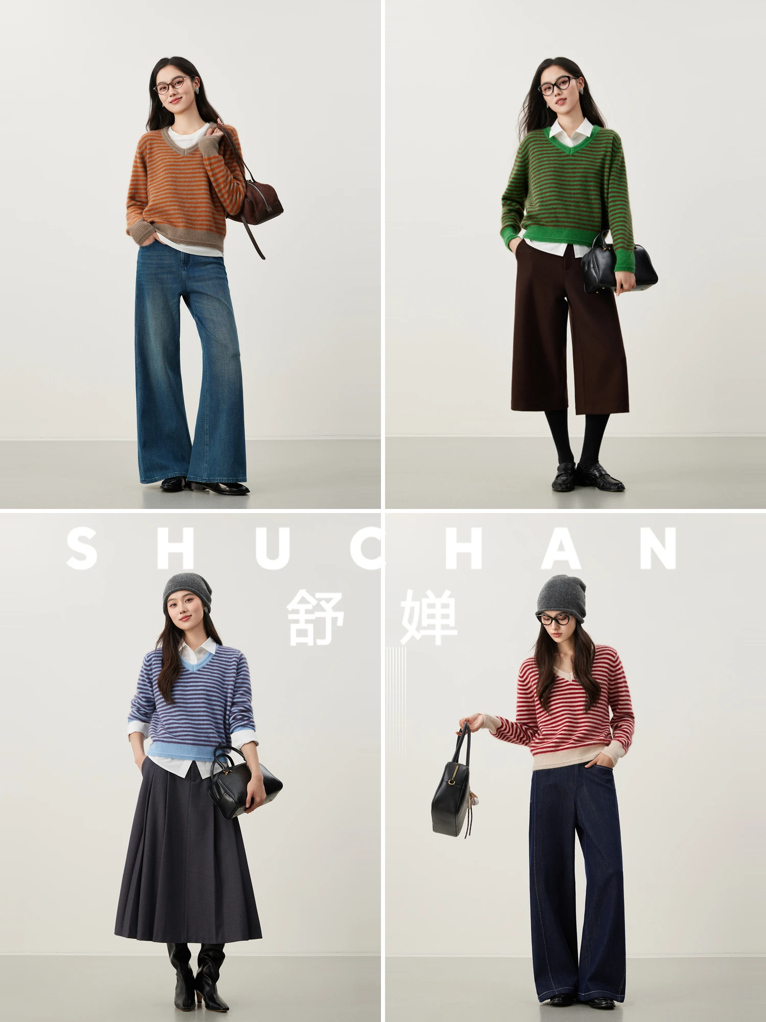 [دفء الخريف الرجعية] ألوان متباينة عالية التشبع، زوج من الخيوط على شكل حرف V من بلوفر محبوك مخطط 25 شتاء