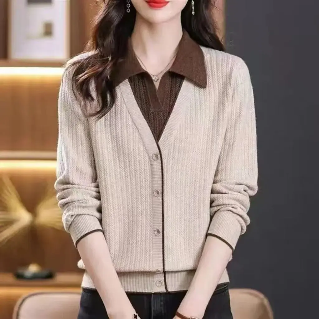 

New Fake Two-Piece Lapel Knitted Sweater Long-Sleeved Stylish Pullover Outer-Wear Base Layer All-Match Top for Women