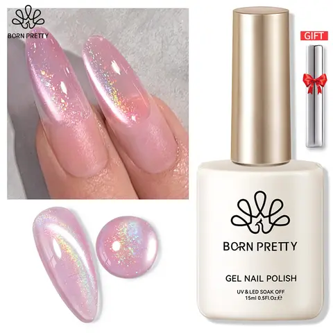 BORN PRETTY 핑크 홀로그램 고양이 마그네틱 젤 네일 광택제, 무지개 달빛 유리 마그네틱 바니시, 손톱용 반영구, 15ML