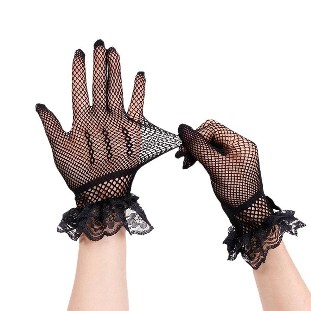 

Women Sexy Black Lace Gloves Mesh Hollow Breathable Sunscreen Short Elasticity Transparent Quick Dry Ladies Erotic Net Mitten