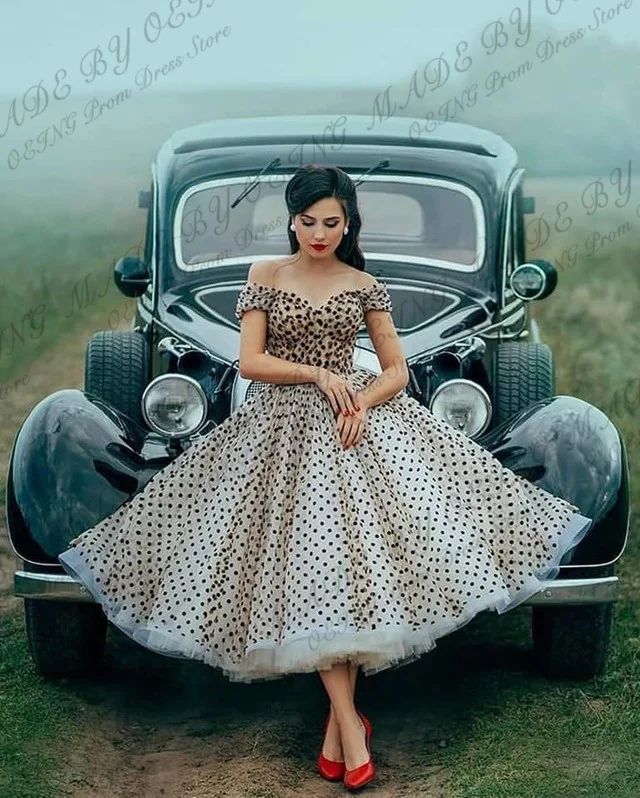 OEING Vintage Princess Dot Tulle Prom Dresses Off the Shoulder Tea Length Short Sleeves Formal Evening Party Gowns Customized