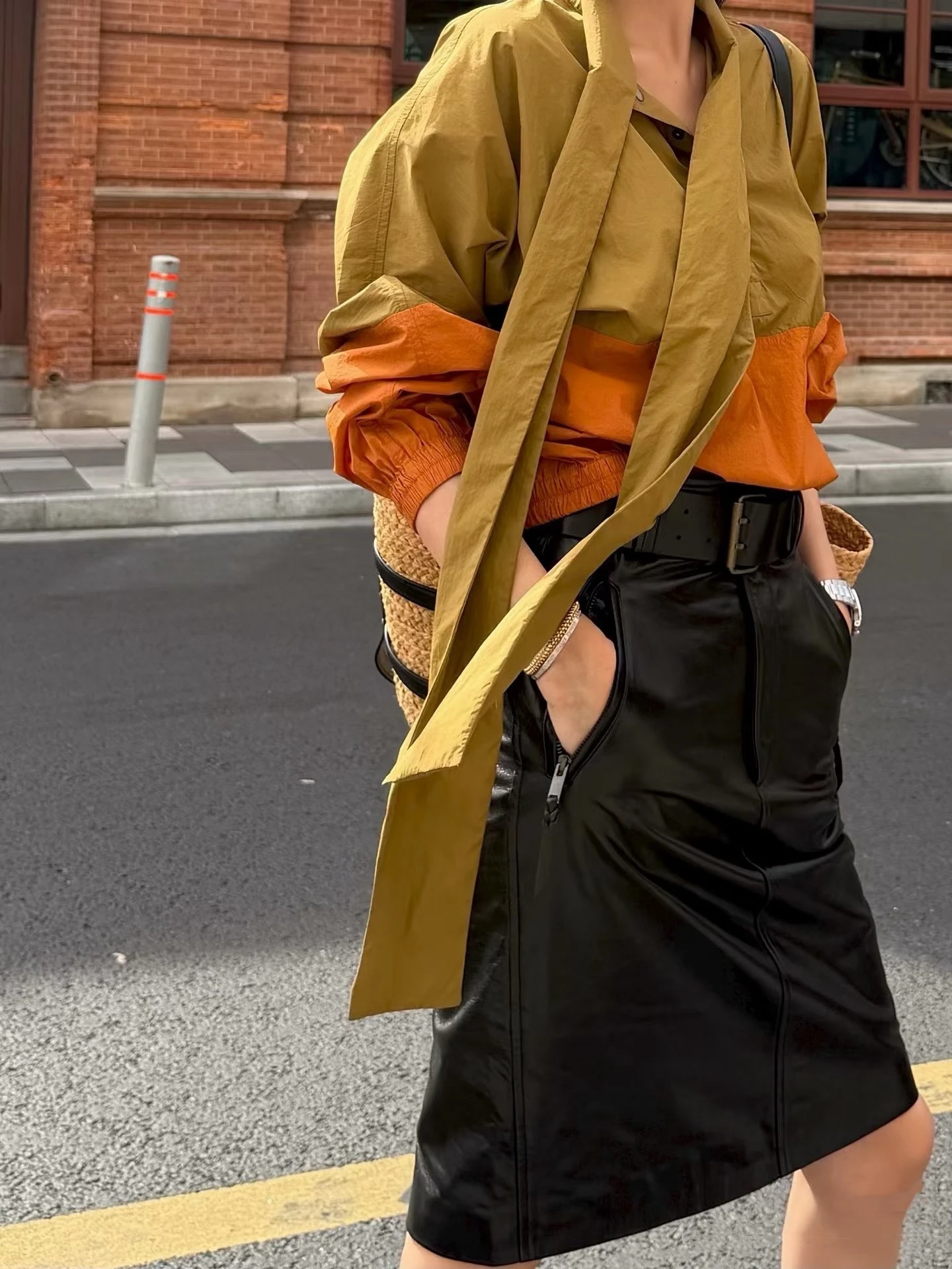 

MOSA2026 Spring Summer Color Block Sash Shirt Women Loose Slimming Long Sleeve Top V-neck Button Closure Breathable