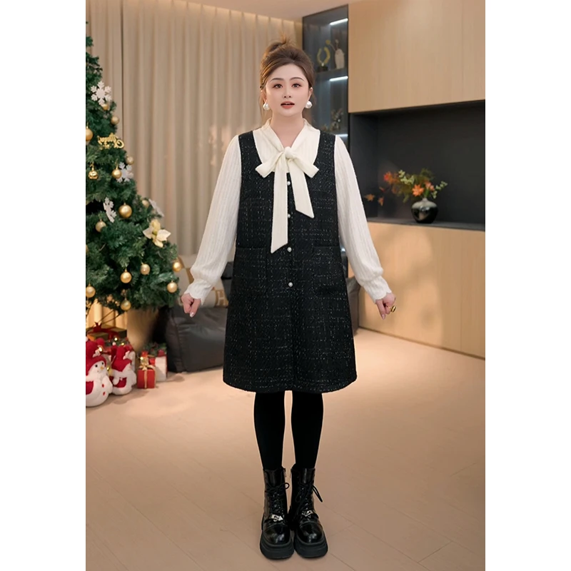 

iny Sequin Lace Splicing Truffle Little Fraance Fake Two-Piece Dr Casual High Waist Polyester Long Sve Winter Women...