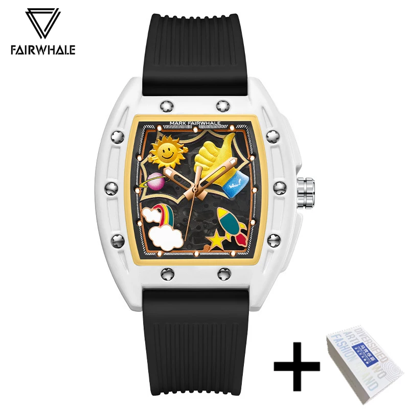 Fashion Sports Rainbow Watches Men Brand Mark Fairwhale Casual Silicone Strap Tonneau Automatic Mechanical Wristwatch Man 2024